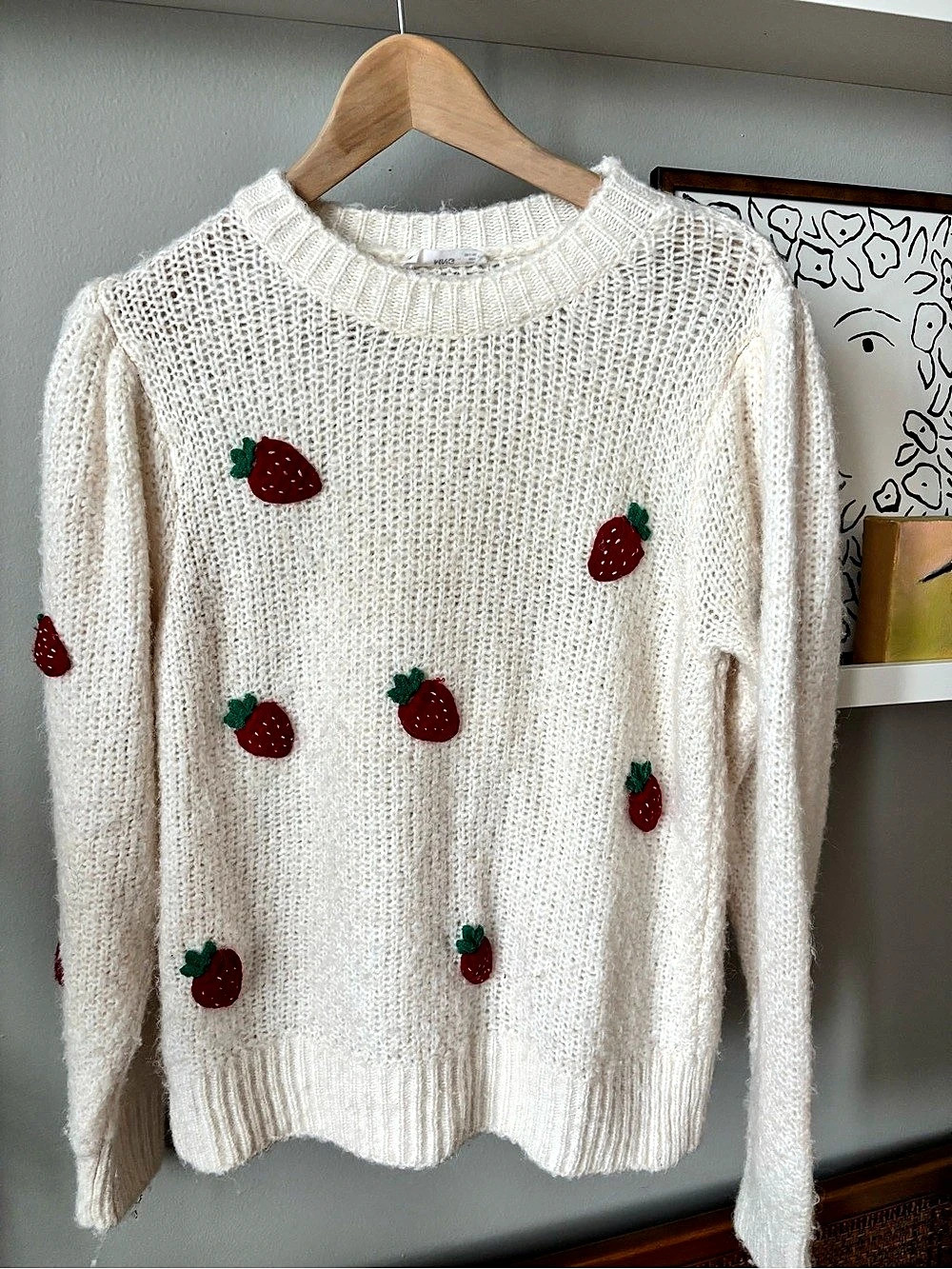 MNG Strawberry Applique Crewneck Sweater Size Medium